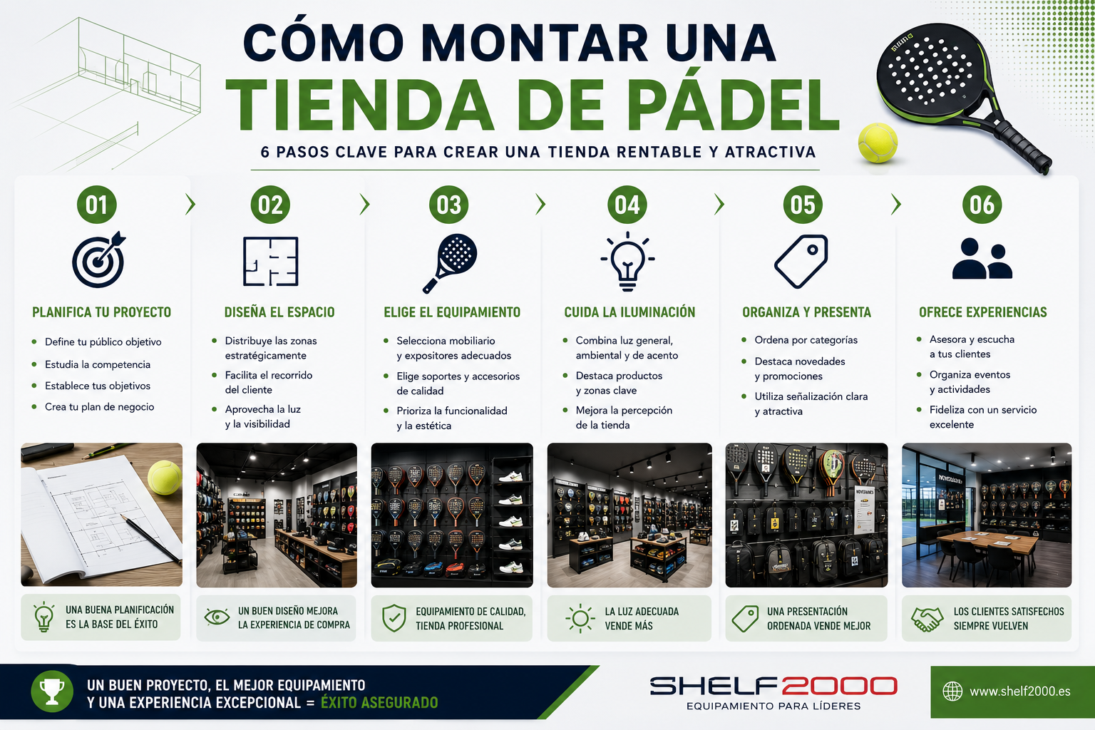 Infografía creada por Shelf2000 que explica paso a paso cómo diseñar, equipar y organizar una tienda de pádel profesional utilizando expositores, soportes, mostradores, panel lama y mobiliario comercial.